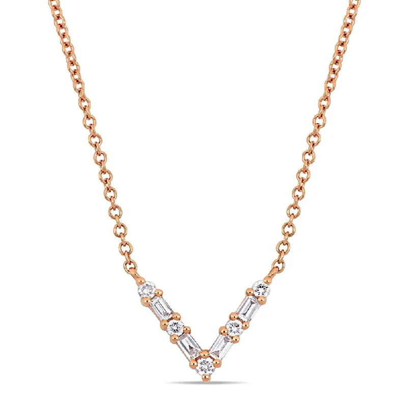 Mixed metal necklaces-Miadora 14k Rose Gold 1/6ct TDW Parallel Baguette and Round-Cut Diamond V-Shape Bar Necklace