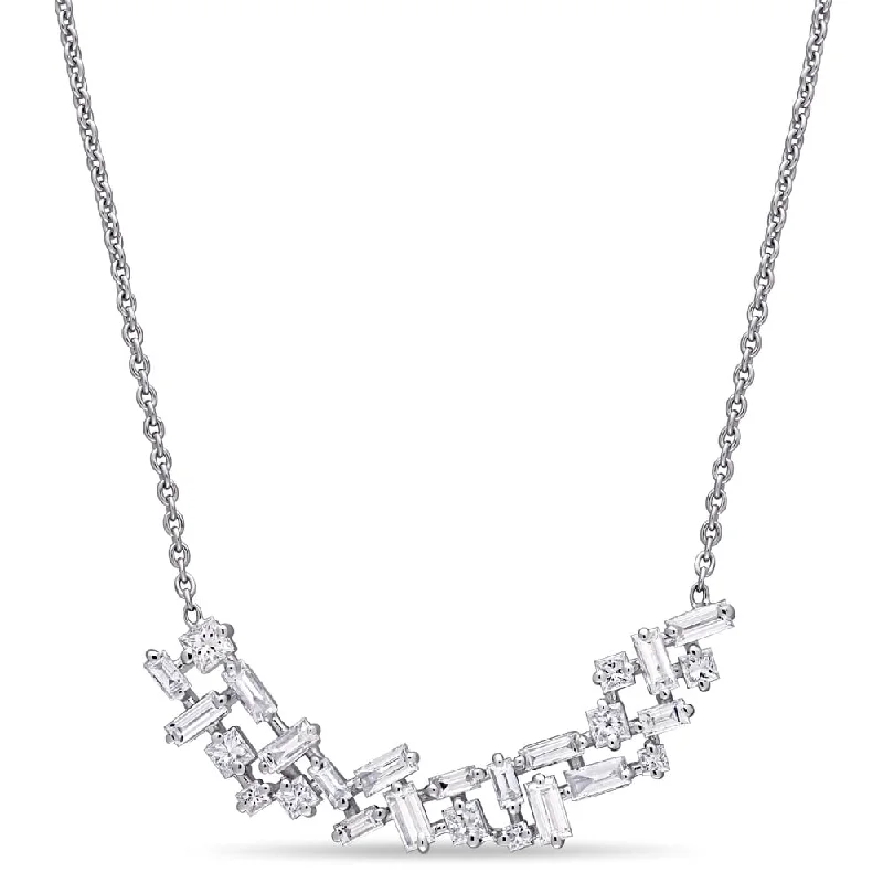 Crystal weave necklaces-Miadora 14k White Gold 4/5ct TDW Princess and Baguette-Cut Diamond Cluster Bar Necklace