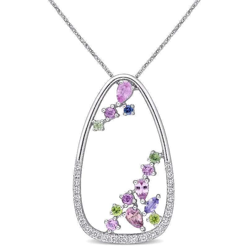 Minimal gem necklaces-Miadora 18k White Gold Multi-color Sapphire & 1/3ct TDW Diamond Open Trilliant Cluster Necklace