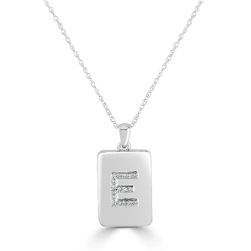 Joelle Initial Letter E Diamond Dog Tag Necklace 14K White Gold 1/25 TDW 16-inch