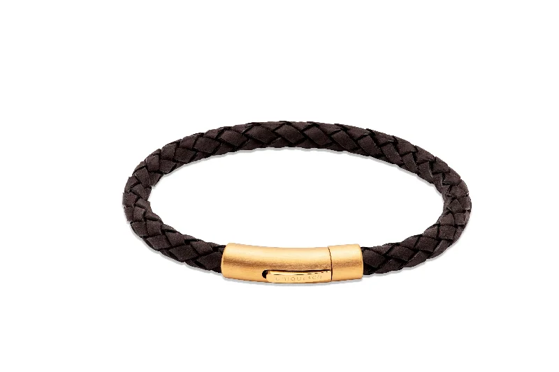 Unique & Co Black Leather Bracelet with Matte Gold IP Steel Clasp