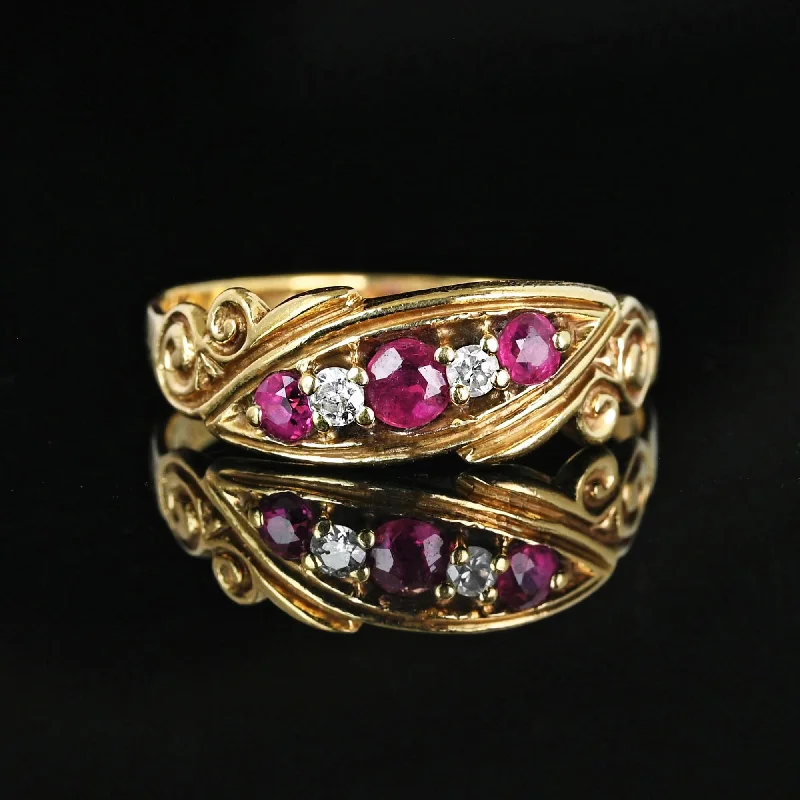 Bead trim rings-Bead trim rings-Antique 14K Gold Five Stone Diamond Ruby Ring Band